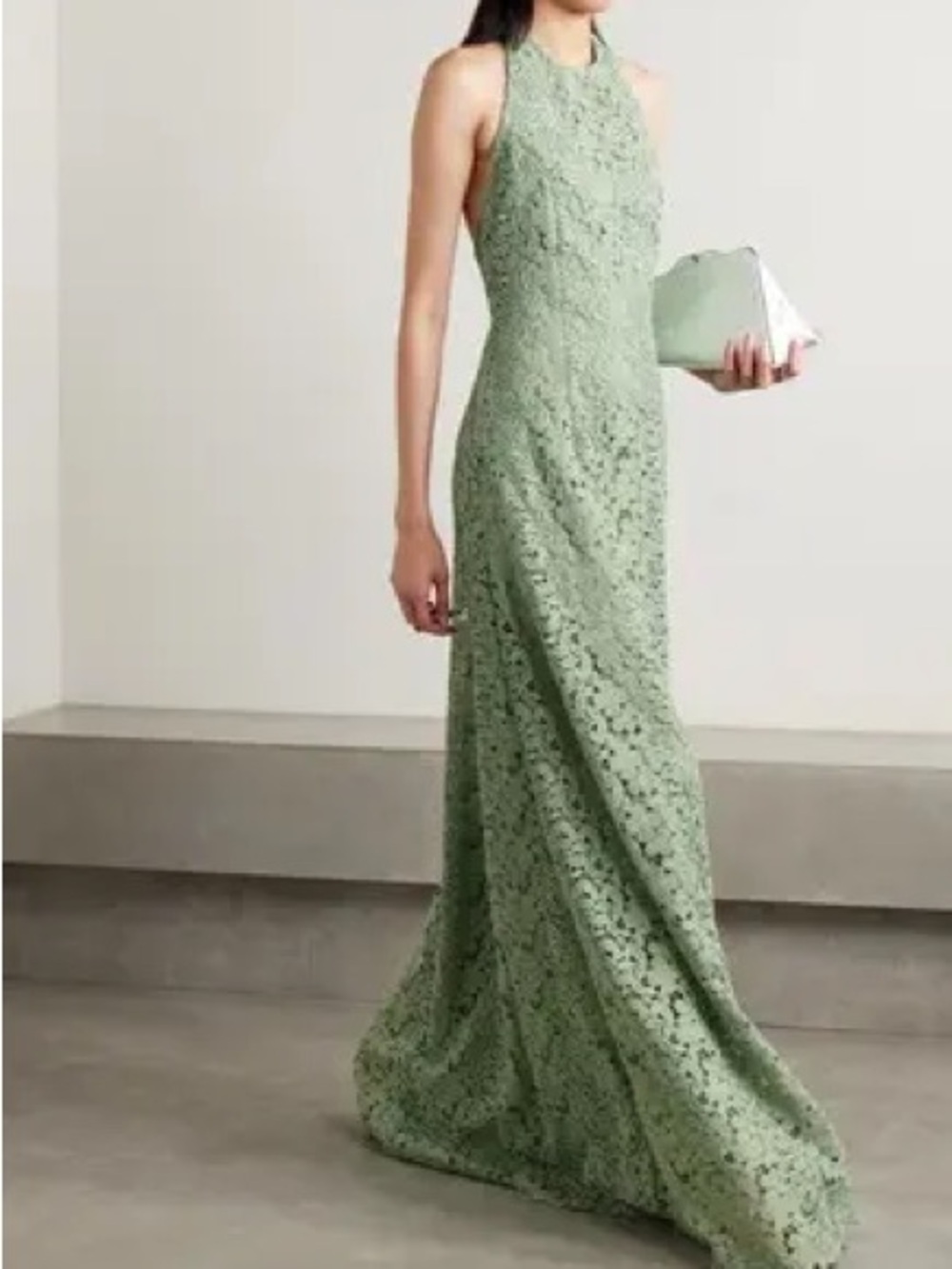 Markarian Sahara Sage Green Lace Halter Maxi Dress